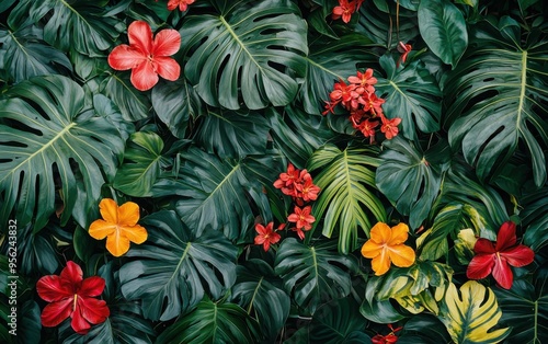 Vibrant Display of Tropical Foliage and Colorful Flowers in a Lush Green Background During Daytime