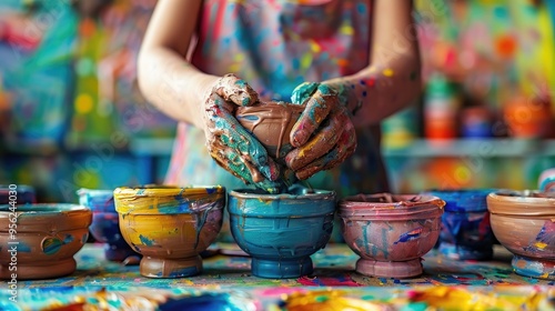 A child's hands working with clay during an art class, with colorful dough and artistic tools on the table, emphasizing the playful and creative aspect of the educational activity.