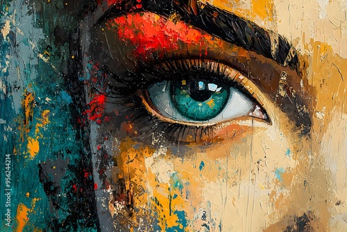 Close-up of a vibrant eye in a colorful abstract painting.