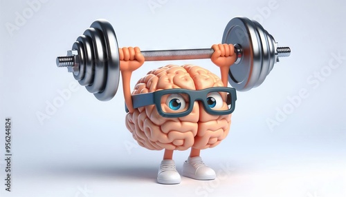 Funny 3D Character of a Brain Exercising with Weights