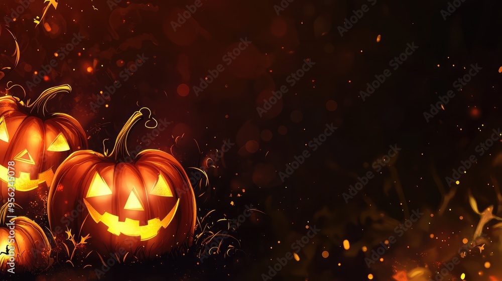 Naklejka premium Festive Halloween Banner with Pumpkins and Dark Glowing Background. AI generated illustration