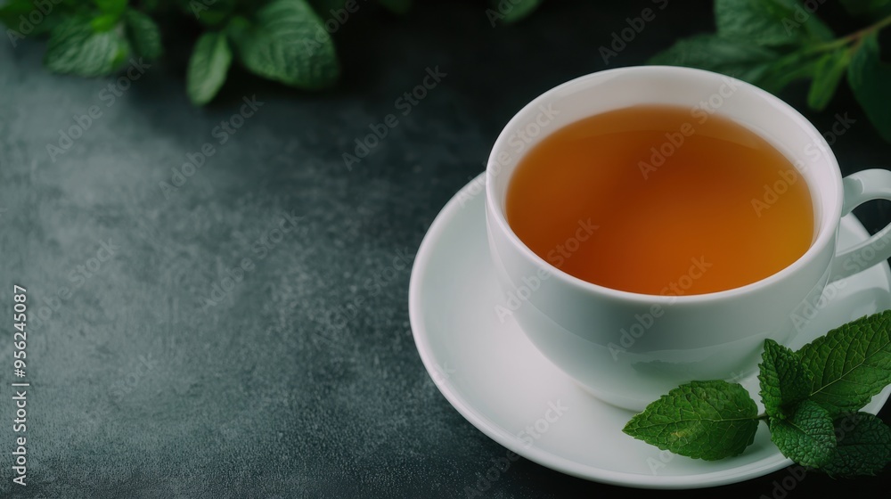 Fresh Mint Tea in White Cup on Dark Background Fresh Mint Tea in White Cup on Dark Background