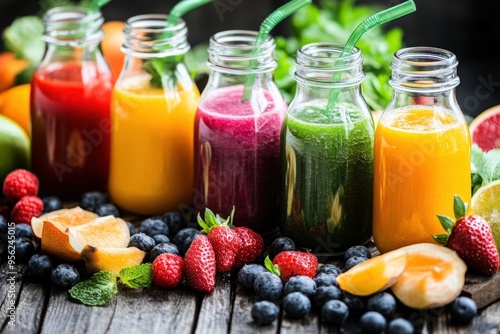 Image displaying several jars filled with a variety of colorful smoothies, surrounded by an assortment of fresh fruits, promoting a healthy and vibrant lifestyle.