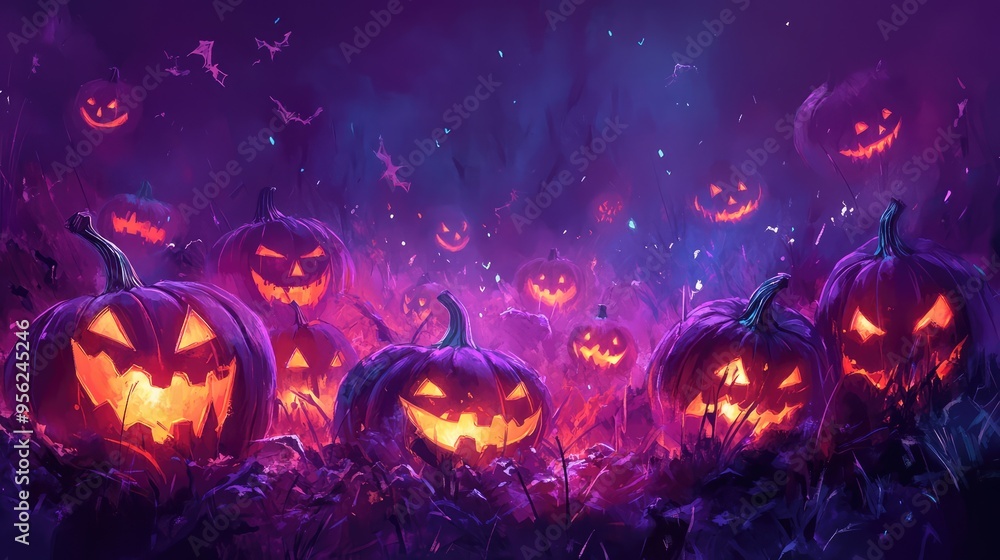 Festive Halloween Banner with Pumpkins and Dark Glowing Background. AI generated illustration Festive Halloween Banner with Pumpkins and Dark Glowing Background. AI generated illustration