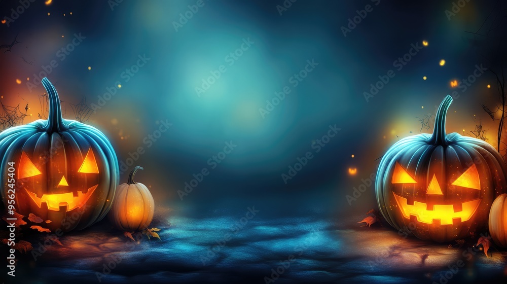 Naklejka premium Festive Halloween Banner with Pumpkins and Dark Glowing Background. AI generated illustration