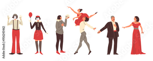 Theater artists vector cartoon set, ballet, comedy French pantomimes, opera singers, role Hamlet actor stage performers