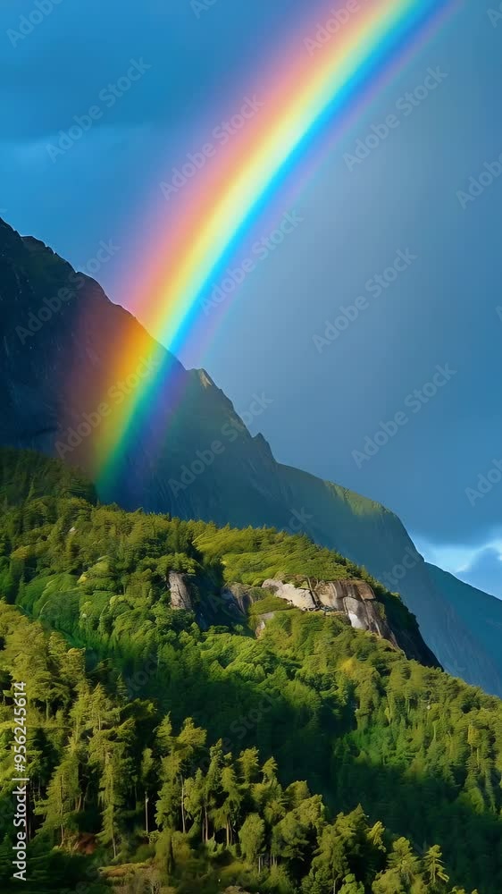 A vibrant rainbow arcs over a lush green mountain landscape under a cloudy sky. A vibrant rainbow arcs over a lush green mountain landscape under a cloudy sky.