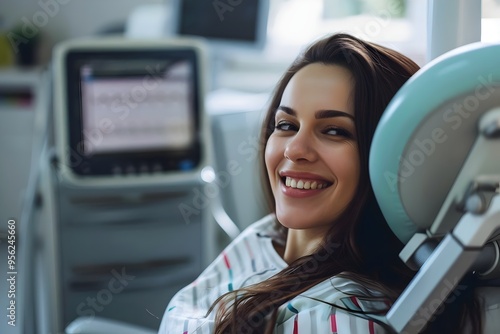 Happy woman during electromagnetic procedure for urinary incontinence at medical clinic.