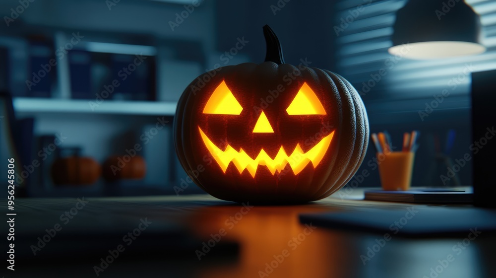 Glowing Halloween Pumpkin on a Desk at Home in 3D Illustration. AI generated illustration Glowing Halloween Pumpkin on a Desk at Home in 3D Illustration. AI generated illustration
