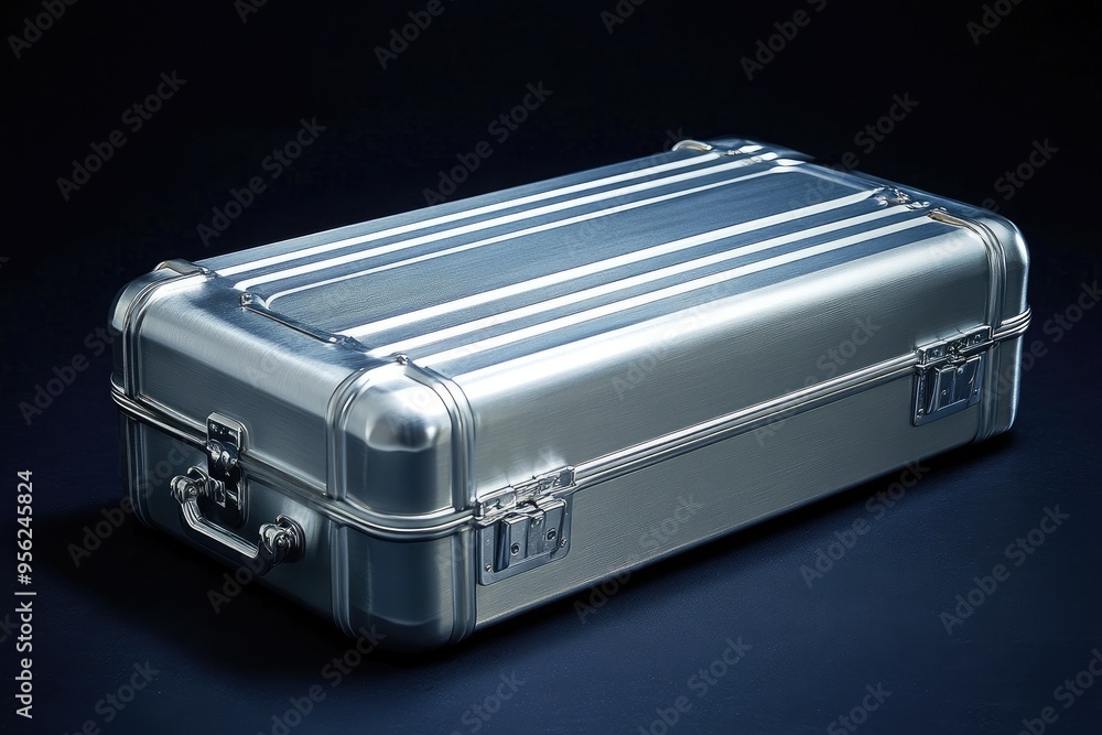 A silver metal suitcase with a handle. This image can be used to represent travel, transport, or security. A silver metal suitcase with a handle. This image can be used to represent travel, transport, or security.