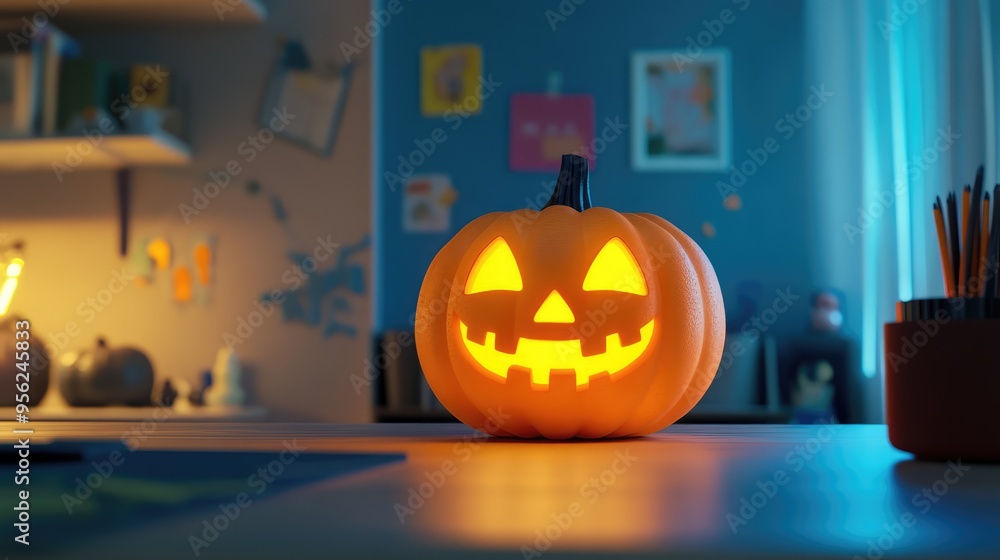 Glowing Halloween Pumpkin on a Desk at Home in 3D Illustration. AI generated illustration Glowing Halloween Pumpkin on a Desk at Home in 3D Illustration. AI generated illustration
