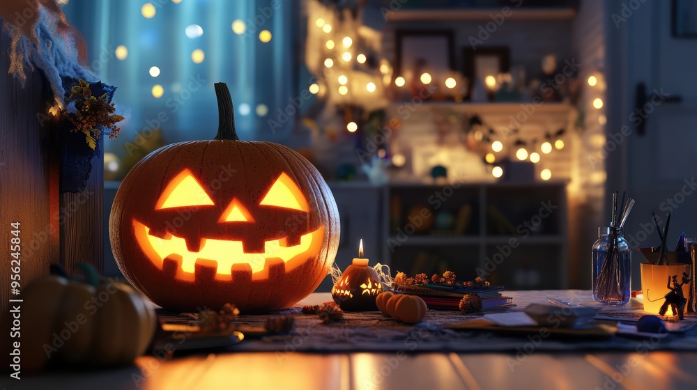 Glowing Halloween Pumpkin on a Desk at Home in 3D Illustration. AI generated illustration Glowing Halloween Pumpkin on a Desk at Home in 3D Illustration. AI generated illustration