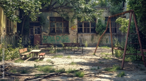 An old school building with weathered walls and broken desks, an empty, abandoned playground overgrown with weeds, and a rusty swing creaking in the wind.
