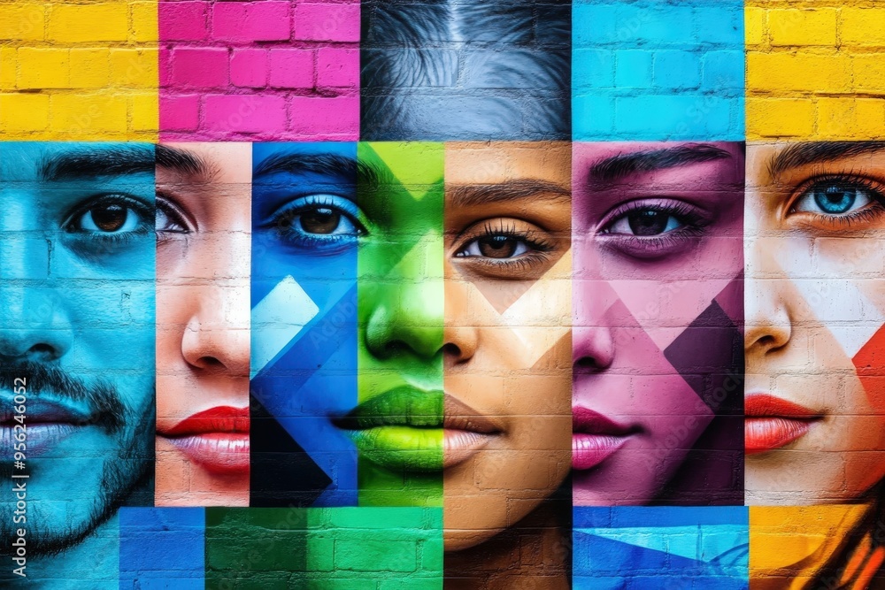 custom made wallpaper toronto digitalA vivid mural showcasing diverse human faces, each painted in vibrant colors on a brick wall, symbolizing unity and diversity through art and culture.