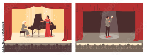 Pianist, opera singer, and actor on stage vector illustration