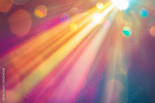 Colorful light beams creating a vibrant atmosphere in a dimly lit space during an evening event