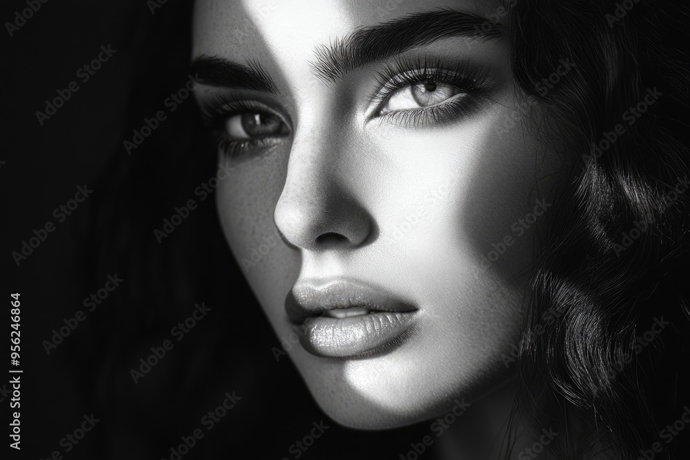 Fototapeta premium Surrealistic black and white fashion portrait with light beam.