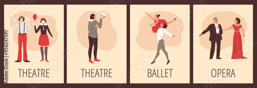 Collection of theatrical performance posters. Includes actors, opera singers, and ballet dancers in vector format