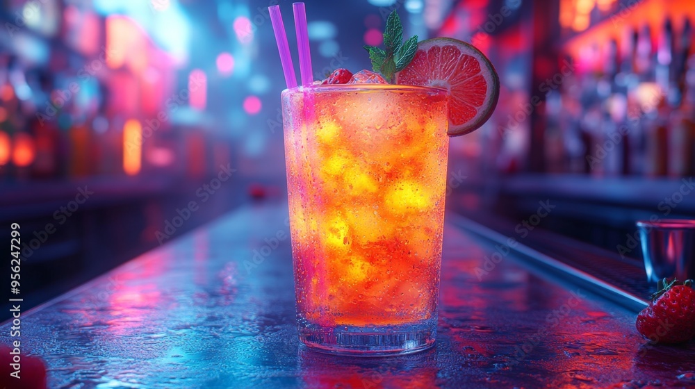 A cyberpunk-themed drink with glowing neon straws, set in a futuristic bar, digital effects in the background, hyper-realistic, high detail, photorealistic A cyberpunk-themed drink with glowing neon straws, set in a futuristic bar, digital effects in the background, hyper-realistic, high detail, photorealistic