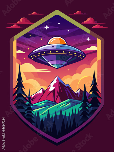 Flying Saucer Over a Mountainous Landscape at Sunset