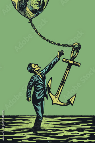 Government businessman throwing anchor tied to dollar balloon, representing monetary policy to control inflation and maintain economic stability