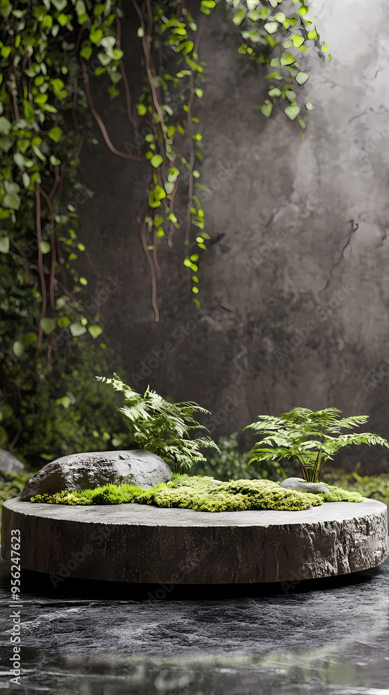 Green ecology, product display on stone platform Green ecology, product display on stone platform