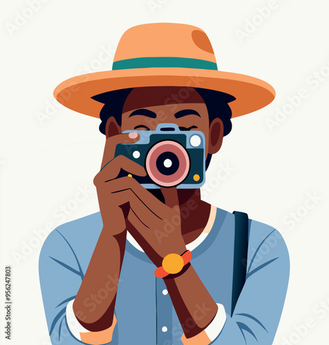 Young male photographer taking pictures with retro camera-