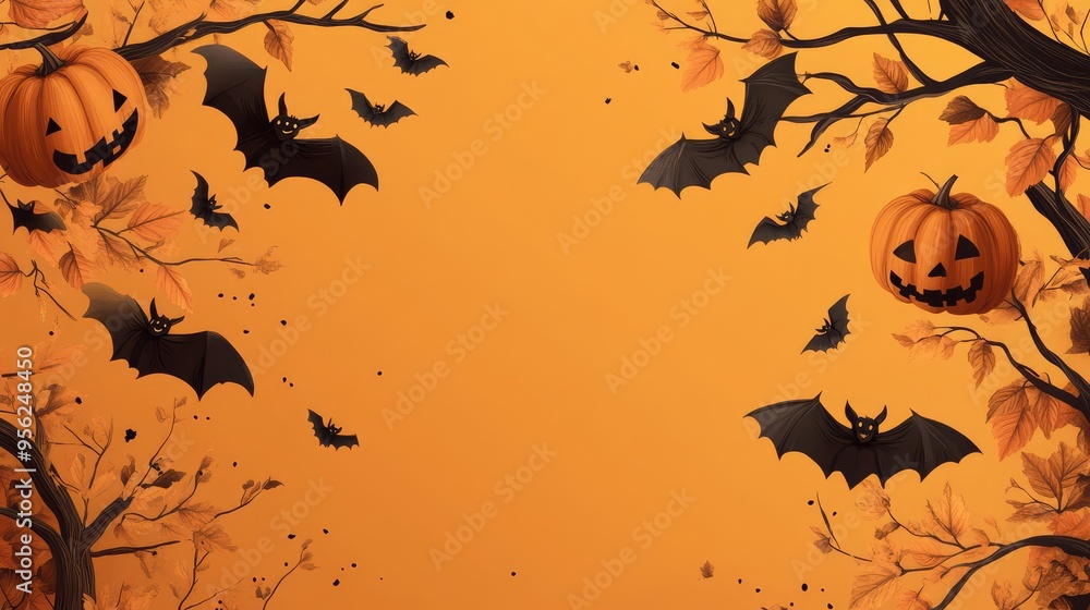 Halloween Banner with Copy Space Featuring Bats, Pumpkins, and Sycamore Tree Branches in Autumn. AI generated illustration Halloween Banner with Copy Space Featuring Bats, Pumpkins, and Sycamore Tree Branches in Autumn. AI generated illustration