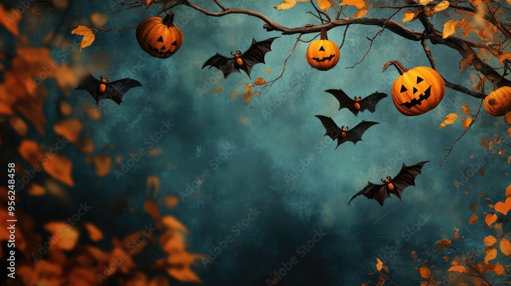 Halloween Banner with Copy Space Featuring Bats, Pumpkins, and Sycamore Tree Branches in Autumn. AI generated illustration Halloween Banner with Copy Space Featuring Bats, Pumpkins, and Sycamore Tree Branches in Autumn. AI generated illustration