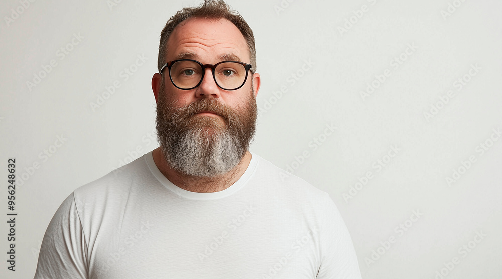 candid photo of a bearded obese man in his mid forties, glasses, big eyebrows, slightly receding hairline, wearing a whtie t-shirt, white background, studio photography candid photo of a bearded obese man in his mid forties, glasses, big eyebrows, slightly receding hairline, wearing a whtie t-shirt, white background, studio photography