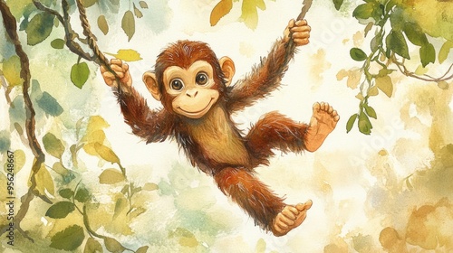 Playful Chimpanzee Swinging Through Jungle Canopy