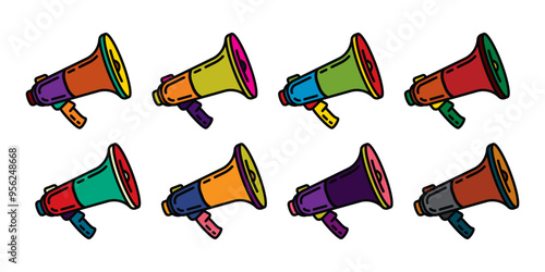 Original vector icon set in vintage style. Loudspeaker. Megaphone.