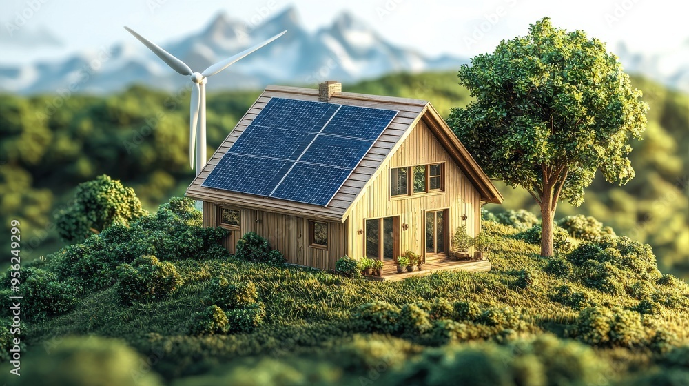 Isometric view of a wooden house with a solar panel on the roof, surrounded by grass, a tree, and a nearby wind turbine. for use in eco-friendly and green energy-related projects. Isometric view of a wooden house with a solar panel on the roof, surrounded by grass, a tree, and a nearby wind turbine. for use in eco-friendly and green energy-related projects.
