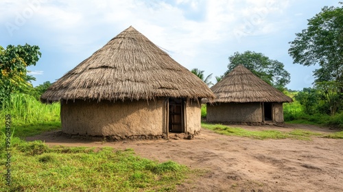 Traditional African Mud Huts with Thatched Roofs