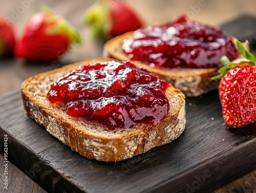 Freshly Spread Strawberry Jam on Whole Wheat Toast with Ripe Strawberries.