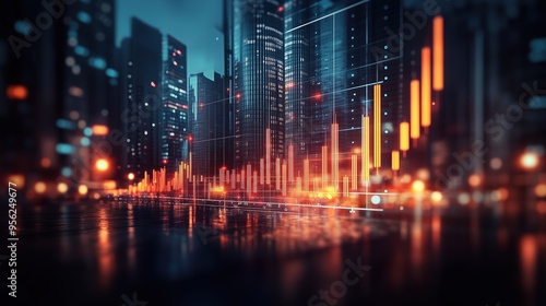 Fototapeta Naklejka Na Ścianę i Meble -  Futuristic Stock Market Data in Urban Setting. Vibrant city at night with illuminated skyscrapers and glowing stock market data overlays, symbolizing the intersection of technology and finance.