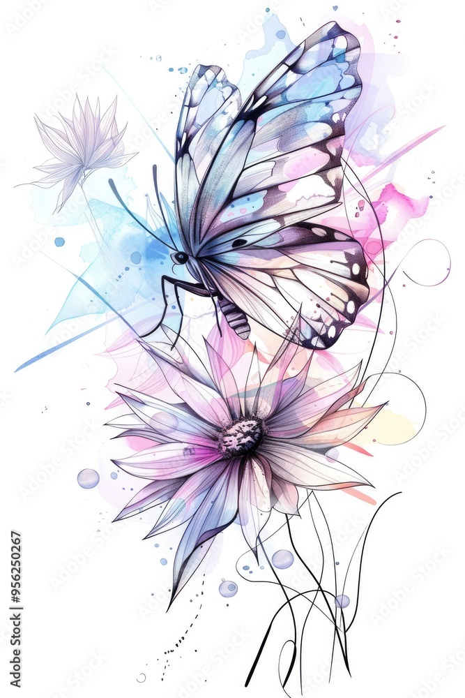 Close-up of a butterfly on a flower with dew droplets, set against a white background, in a delicate watercolor and artistic design. Close-up of a butterfly on a flower with dew droplets, set against a white background, in a delicate watercolor and artistic design.