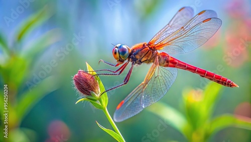 Close-up of a Scarlet Percher dragonfly clinging to a plant with a blurred background photo