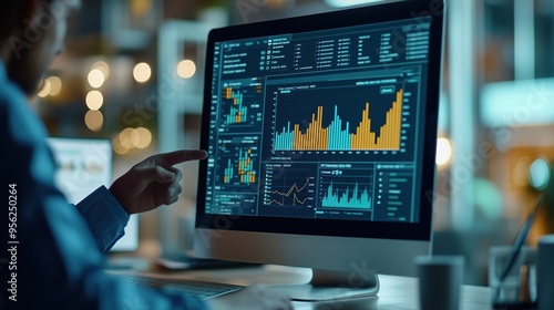 Wallpaper Mural Professional Analyzing Market Trends on Screen. Professional pointing at a computer screen with market data and graphs, indicating careful analysis and financial strategy planning. Torontodigital.ca