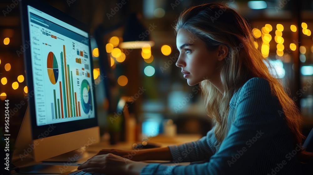 Woman Focusing on Financial Data and Charts. Businesswoman intensely studies financial charts and graphs on her computer screen, showcasing dedication to data-driven analysis. Woman Focusing on Financial Data and Charts. Businesswoman intensely studies financial charts and graphs on her computer screen, showcasing dedication to data-driven analysis.
