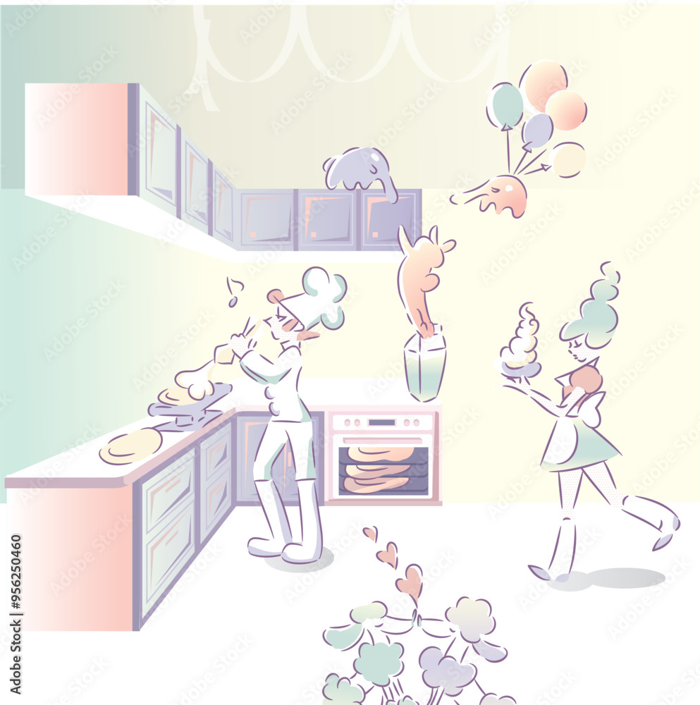 Vector illustrations of people and pets enjoying a home party. Pastry chef making a pie. a waitress serving drinks at a party. Cartoon style. party07 Vector illustrations of people and pets enjoying a home party. Pastry chef making a pie. a waitress serving drinks at a party. Cartoon style. party07