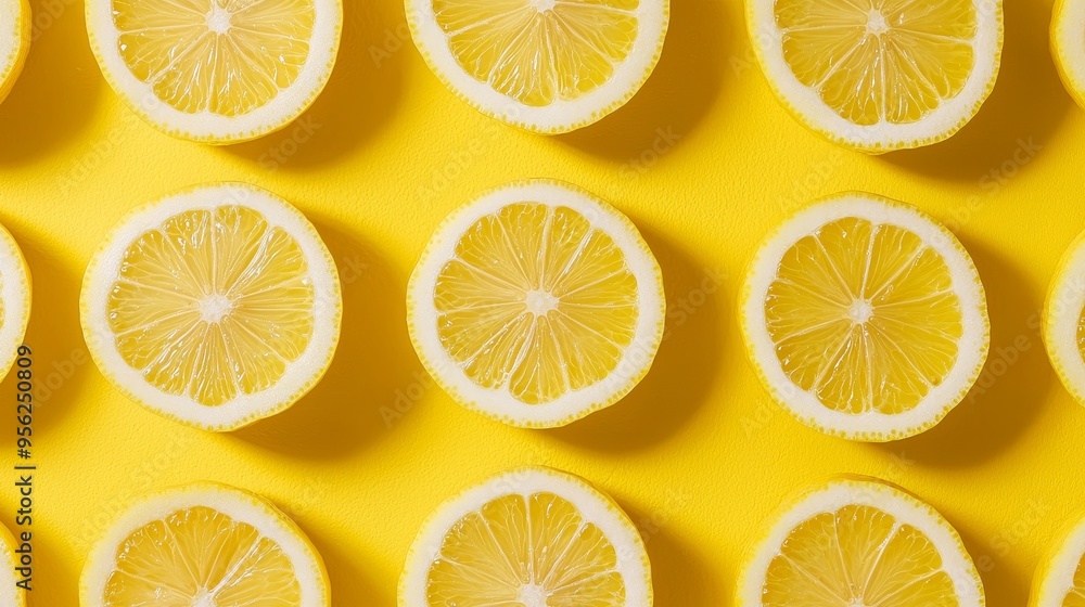 Fototapeta premium Symmetrical arrangement of lemon halves, vivid yellow color palette, emphasizing texture and freshness