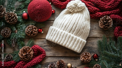 Cozy Christmas Vibes - Realistic Blank White Custom Beanie Mockup Surrounded by Holiday Elements in Ultra HD Quality