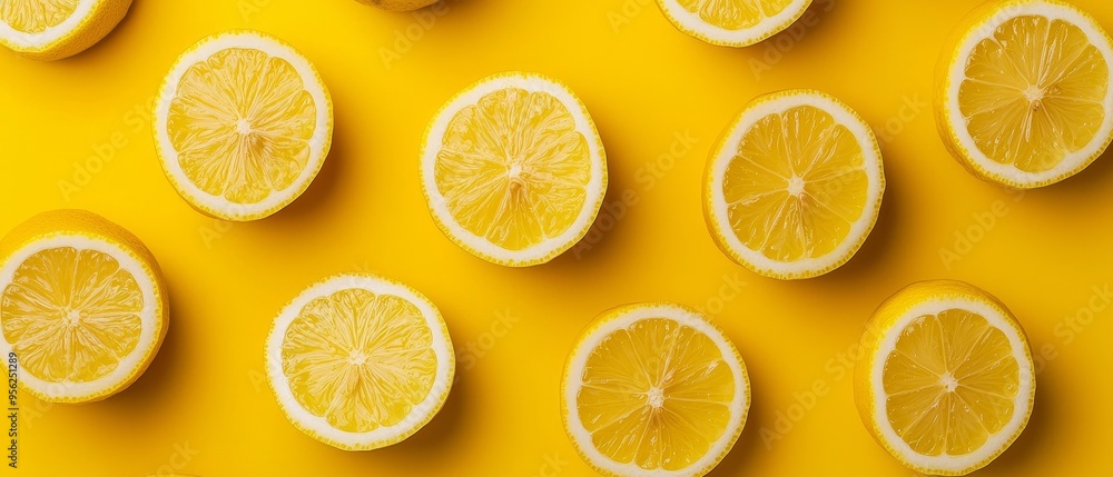 Top-down view of halved lemons arranged in a symmetrical pattern, vibrant yellow background, high contrast lighting Top-down view of halved lemons arranged in a symmetrical pattern, vibrant yellow background, high contrast lighting