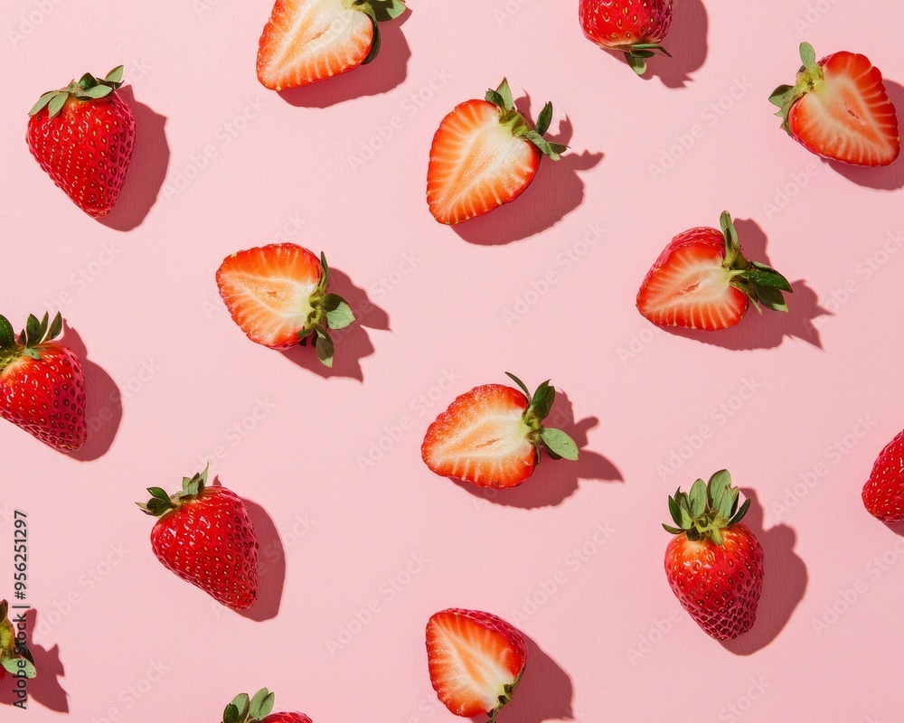 Top-down view of whole and halved strawberries scattered on a pastel pink surface, playful and colorful composition Top-down view of whole and halved strawberries scattered on a pastel pink surface, playful and colorful composition