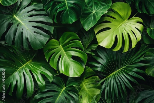 A lush green tropical foliage background. Perfect for website, blog, or social media designs.