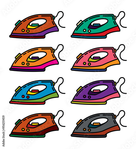 Original vector icon set in vintage style. An element of household appliances for smoothing out folds and wrinkles on clothes. Electric iron.