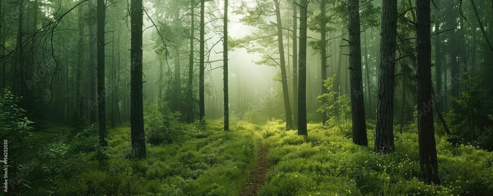 Naklejka premium Beautiful forest scene bathed in sunlight with tall trees and lush green underbrush, evoking a sense of peace and wilderness.