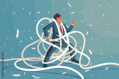 Tangled in Business Problems: Frustrated Businessman Struggling with Messy Rope Complications and Difficulties