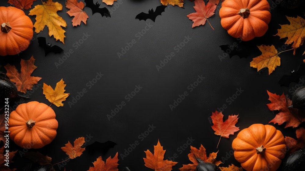 Happy Halloween Flat Lay Mockup with Pumpkins, Leaves, and Bats on Black Background. Autumn Holiday Concept. AI generated illustration Happy Halloween Flat Lay Mockup with Pumpkins, Leaves, and Bats on Black Background. Autumn Holiday Concept. AI generated illustration